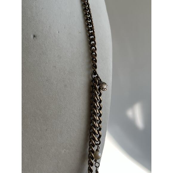 J. Crew Antique Bronze Metal Faux Pearl Multi-strand Long Necklace 32” Chunky - Picture 3 of 5
